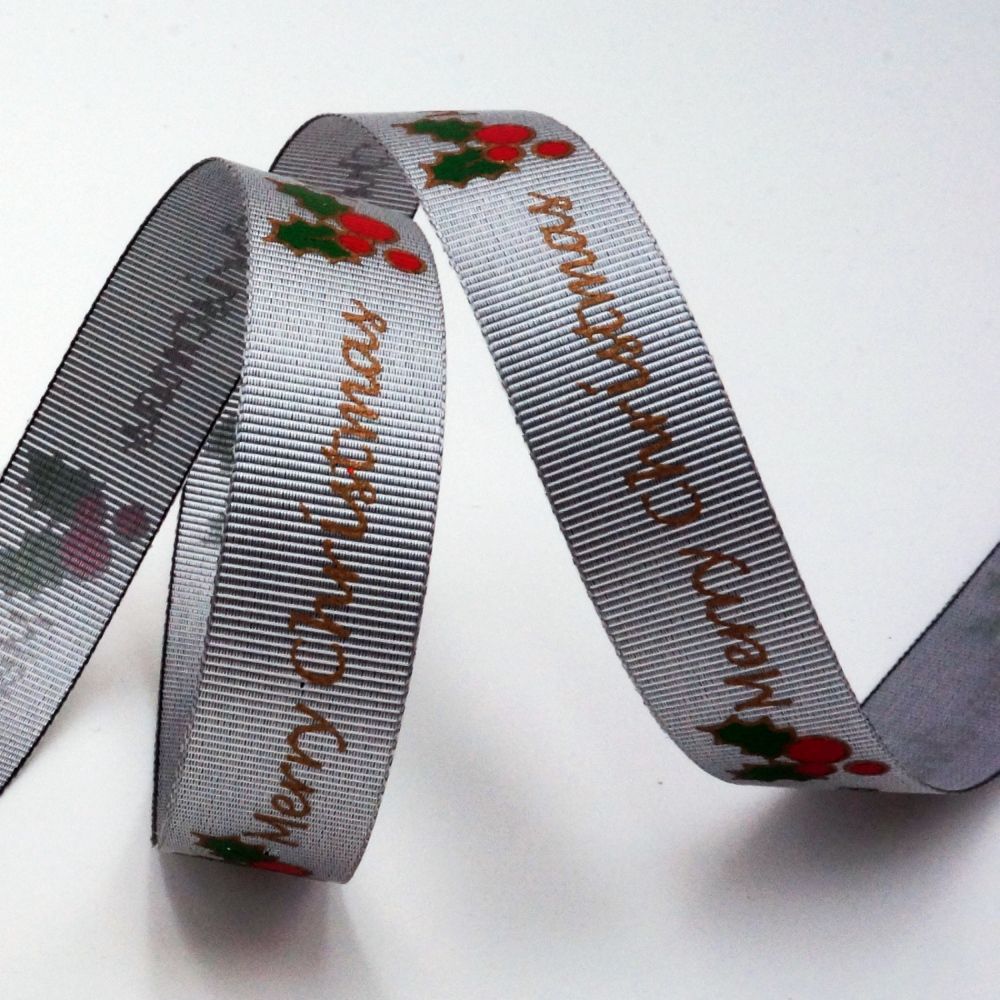 Merry Christmas & Holly Berries Ribbon