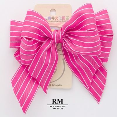 Hot Pink White Stripes Double 2 Loops Ribbon Bow_ BW639-K1740-272