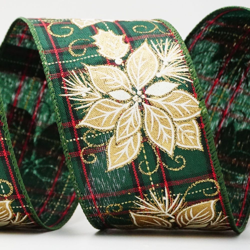 Golden Poinsettia on Red/Green Plaid Ribbon