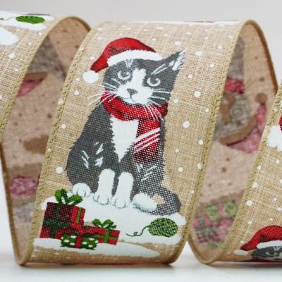 Adorabile gattino indossa il cappello di Babbo Natale e una sciarpa rossa con filo di lana e regali di Natale