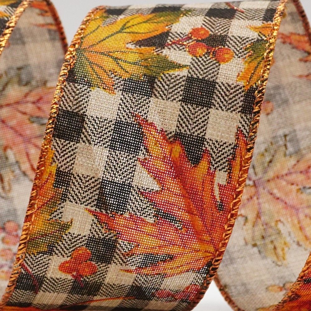 Happy Plaid Fall Maple Leaves Ribbon