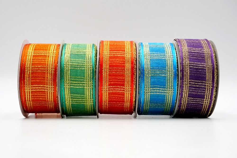 Fita de Cetim Xadrez com Linhas Douradas_ K303G