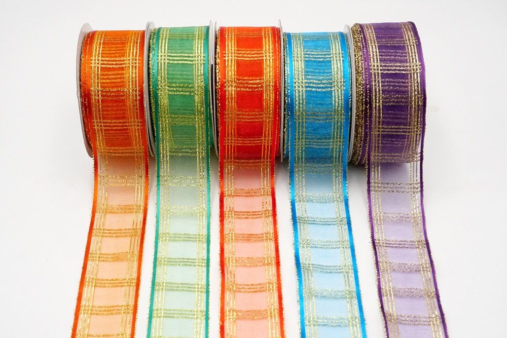 Fita de Cetim Xadrez com Linhas Douradas_ K303G