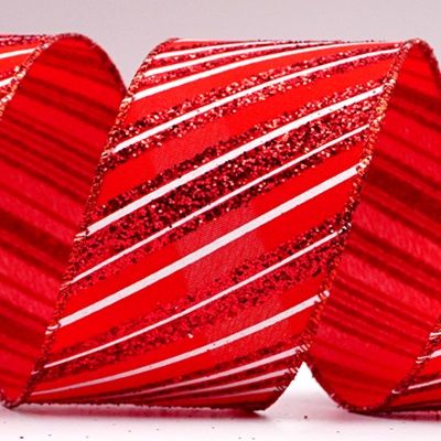 Satin Fabric with Glitter and White Stripes Ribbon_KF7137