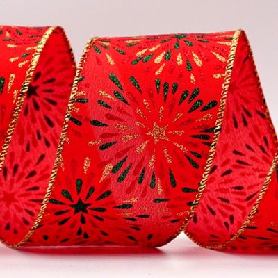 Красная атласная лента с печатью и блестками "Фейерверк"_KF7571G-7G