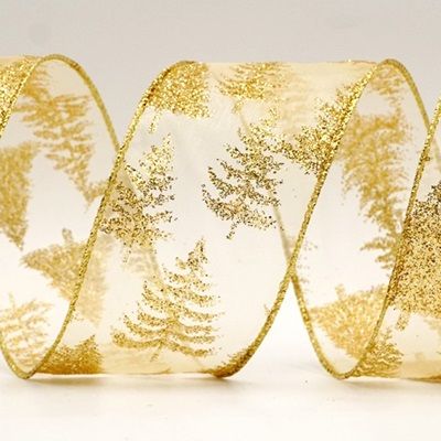 Glittered Pine Trees Wired Ribbon_KF7718
