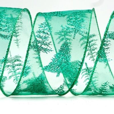 Glittered Pine Trees Wired Ribbon_KF7718