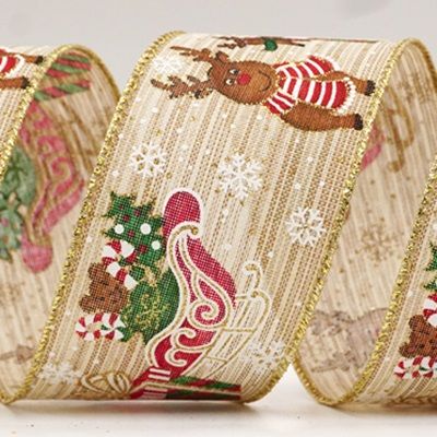 Wstążka druciana z wzorem sanek świątecznych_KF7833.KF7834.KF7835.KF7836