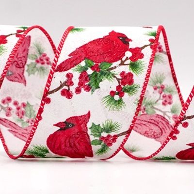 Cardinal Bird and Berries Wired Ribbon_KF7922