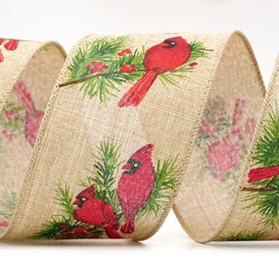 Cardinal and Spruce Cone Wired Ribbon_KF8038
