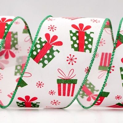 Christmas Gift Box and Snowflakes Wired Ribbon_KF8042