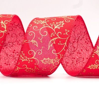 Arany holly levelek és bogyók drótkötésű szalag_KF8332