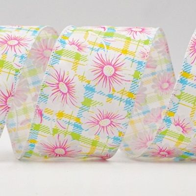 Лента с проволокой в клетку с цветами и пчелами_KF8489