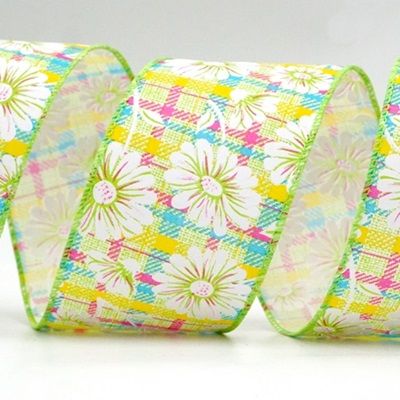 Лента с проволокой в клетку с цветами и пчелами_KF8489