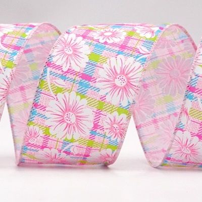 Лента с проволокой в клетку с цветами и пчелами_KF8489