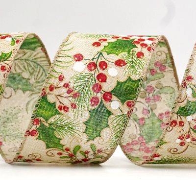 लाल और सफेद होली बेरीज़ वायर्ड रिबन_KF8570