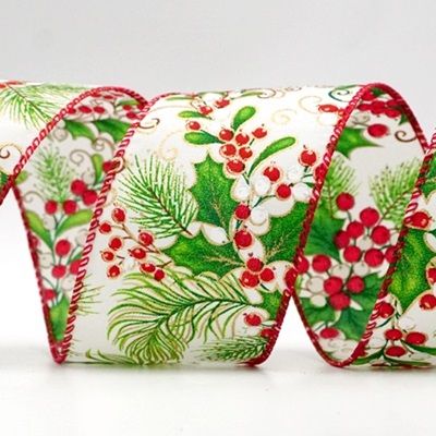 लाल और सफेद होली बेरीज़ वायर्ड रिबन_KF8571