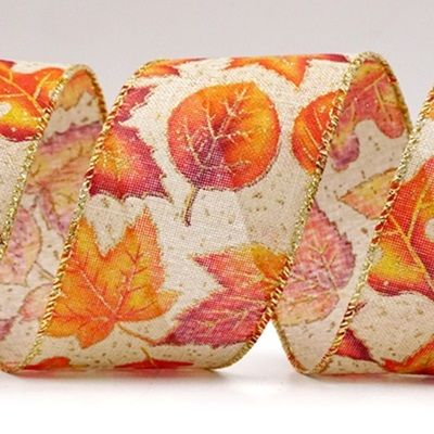 Glittery Autumn Leaves Wired Ribbon_KF8914