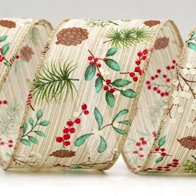 Рождественские листья остролиста, ягоды и шишки на проволочной ленте_KF8949.KF8950