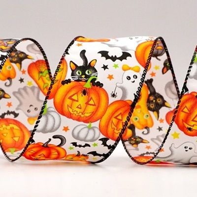 Wstążka z dynią i czarnym kotem na Halloween_KF9212