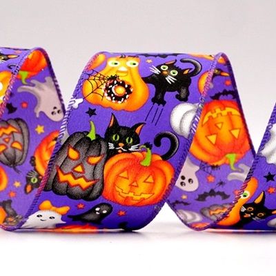 Wstążka z dynią i czarnym kotem na Halloween_KF9212