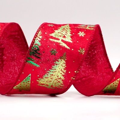 Festive Holiday Tree Foil Print Wired Ribbon_KF9419