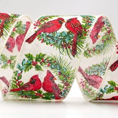 Weihnachts-Kardinal im Stechpalmenbeerenkranz Drahtband_KF9474