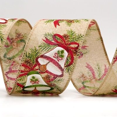 क्रिसमस बेल और पाइनकोन वायर्ड रिबन_KF9525