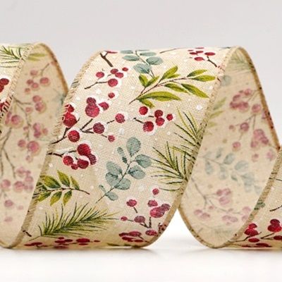 हॉलिडे बेरीज़ और हरी पत्तियाँ वायर्ड रिबन_KF9530.KF9531