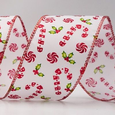 Cinta de alambre navideña con bastones de caramelo y bayas de acebo_KF9575.KF9576.KF9577.KF9578