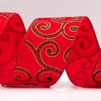 Christmas Glitter Red and Green Assorted Pattern Wired Ribbon_KF9596.KF9597