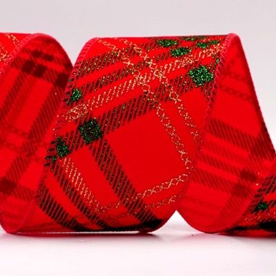 Christmas Glitter Red and Green Assorted Pattern Wired Ribbon_KF9598.KF9599
