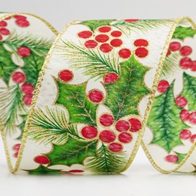 Рождественская лента с листьями и ягодами "Холи"_KF9795.KF9796