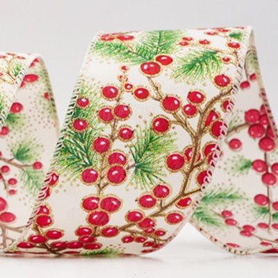 Wstążka druciana z gałązką sosny i czerwonymi jagodami_KF9833.KF9834