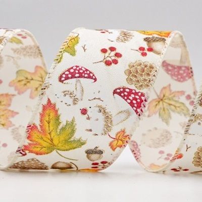 Hedgehog and Mushroom Fall Wired Ribbon_KF9894