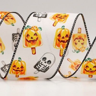 हैलोवीन कद्दू और कंकाल पॉप्सिकल वायर्ड रिबन_KF9929