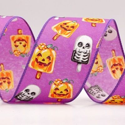 हैलोवीन कद्दू और कंकाल पॉप्सिकल वायर्ड रिबन_KF9929