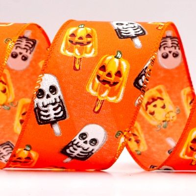 हैलोवीन कद्दू और कंकाल पॉप्सिकल वायर्ड रिबन_KF9929