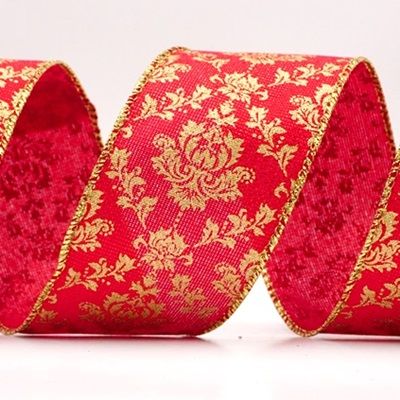 Gold Damask Pattern Holiday Wired Ribbon_KF9996