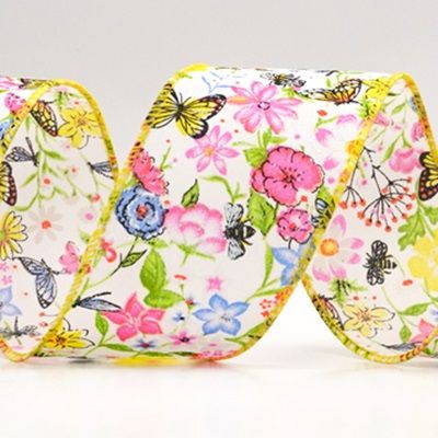 Cinta de alambre de jardín de primavera con mariposas coloridas y flores silvestres_KW0057.KW0058.KW0059