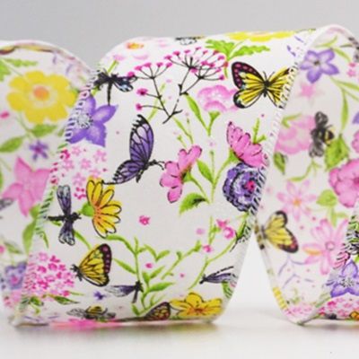 Cinta de alambre de jardín de primavera con mariposas coloridas y flores silvestres_KW0057.KW0058.KW0059