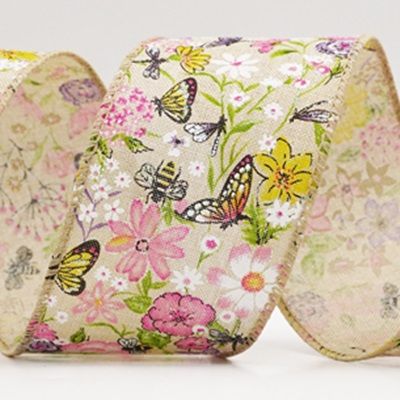 Cinta de alambre de jardín de primavera con mariposas coloridas y flores silvestres_KW0057.KW0058.KW0059