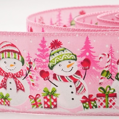 Nastro con fiocco invernale e pupazzo di neve rosa e giocoso_KW0431