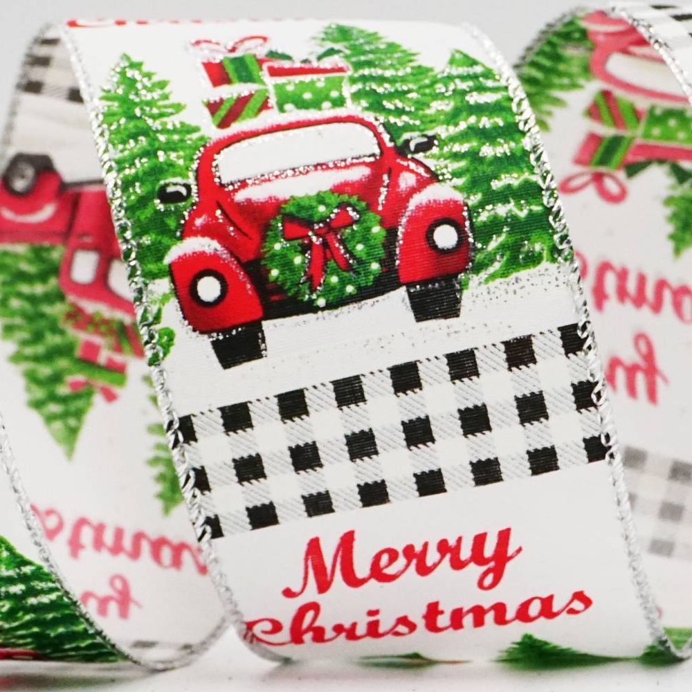 red vintage trucks, trees with gifts ribbon